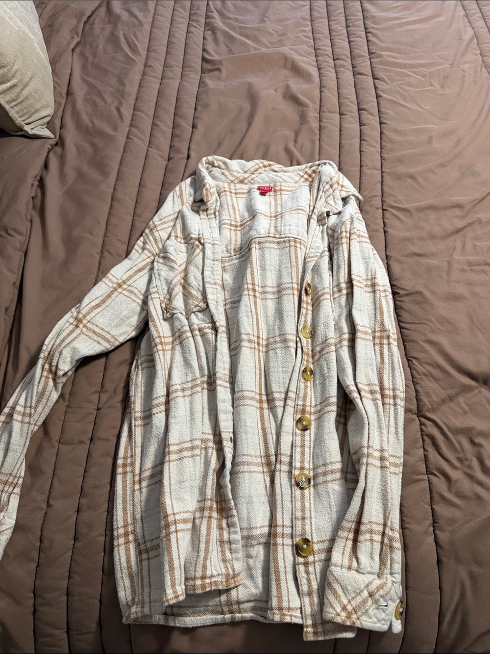 Guess Cream and Brown Plaid Button-Down Shirt Jacket